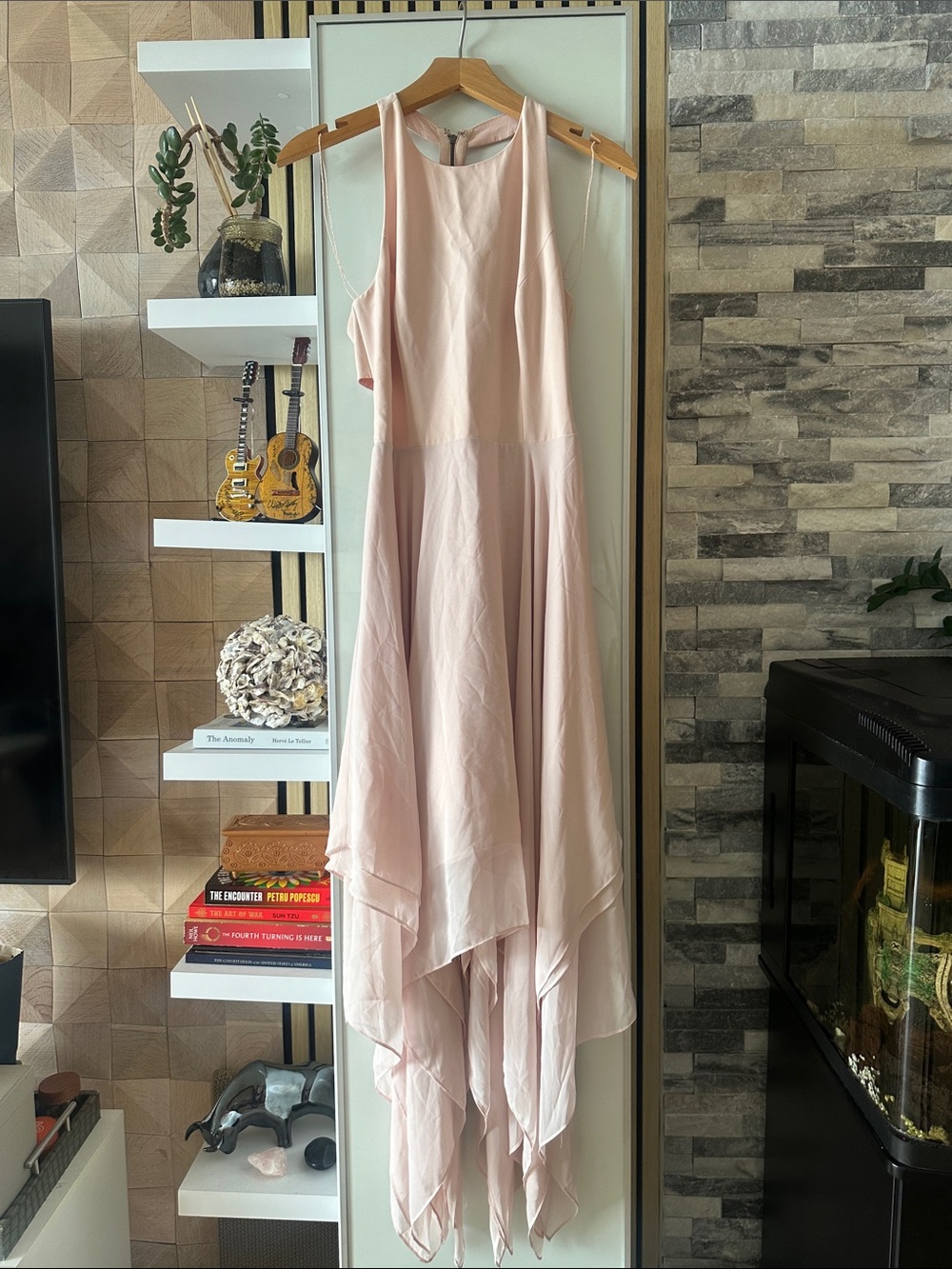 Elegant Blush Pink Handkerchief Hem Maxi Dress